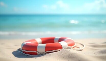 Red and white life preserver sits peacefully on a sandy beach near the ocean on a bright day.