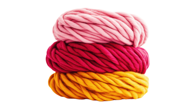 Three balls of chunky yarn stacked, showcasing shades of pink, crimson, and gold