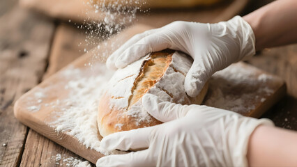 Artisan Bread Loaf Dusted with Flour on Wooden Board