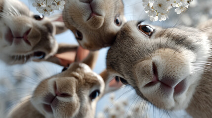Obraz premium Group of rabbits looking down.