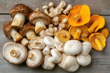 Top View of Assorted Fresh Mushrooms on Rustic Wooden Surface