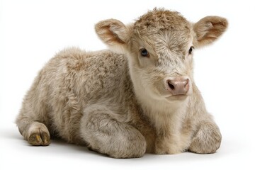 Obraz premium Adorable light brown calf lying down against a white background.