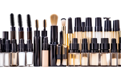 A diverse collection of makeup brushes and cosmetic bottles, predominantly in black and beige tones, arranged in a horizontal row against a black background