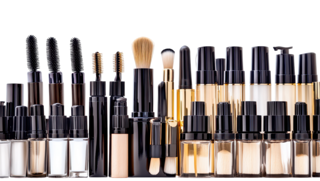 A diverse collection of makeup brushes and cosmetic bottles, predominantly in black and beige tones, arranged in a horizontal row against a black background