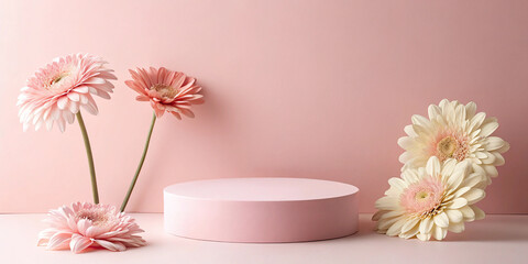 Pink gerbera daisies and pink cylinder display