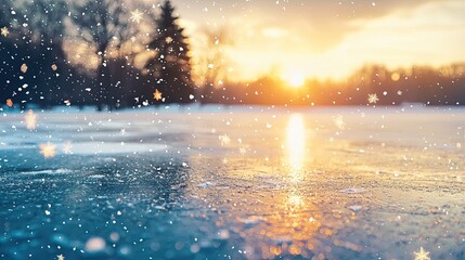 Snowflakes gently falling on a frozen lake at sunset.