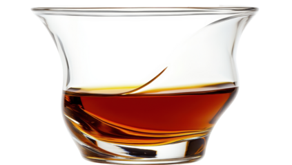 Amber liquid rests in a sculpted, clear glass with a gently curved, tulip-shaped bowl