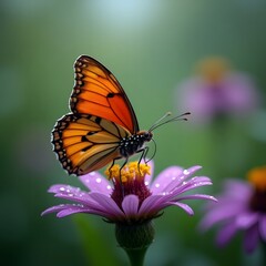 Fototapeta premium Flying butterfly on an flower