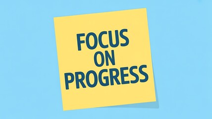 A yellow sticky note with the words focus on progress in blue on a light blue background