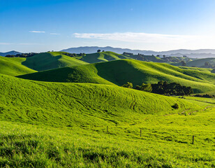 Obraz premium Vibrant Green Hills Clear Blue Sky Landscape