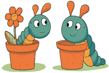 Cute cartoon insects in flower pots, whimsical vector illustration
