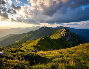 Fototapeta premium Wide View Mountain Peaks Stormy Clouds Majestic