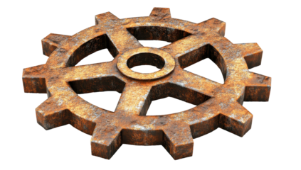 A rusty, metallic gear with a central hub and thick, worn teeth, angled slightly, shows significant age and decay