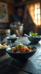 Aromatic Curry Noodle Dish in Rustic Setting