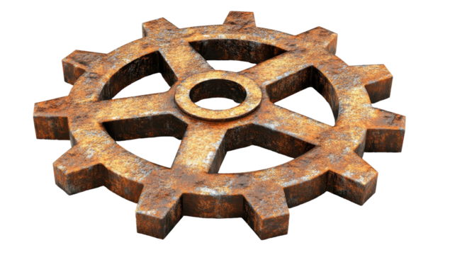 A rusty, metallic gear with a central hub and thick, worn teeth, angled slightly, shows significant age and decay