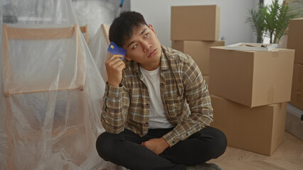 Young man sitting on floor holding a credit card in a new apartment surrounded by moving boxes and...