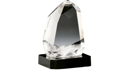 Faceted crystal sculpture on a black base, showcasing internal cloud-like inclusions and a unique, irregular shape