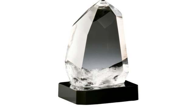 Faceted crystal sculpture on a black base, showcasing internal cloud-like inclusions and a unique, irregular shape