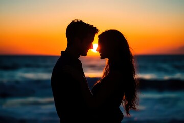 Fototapeta premium Romantic Couple Embracing at Sunset on the Beach