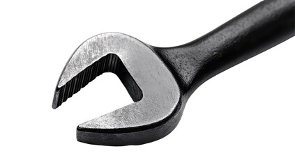 Obraz premium Close-up of a dark metallic wrench, showing detail of its jaws and textured handle against a black background