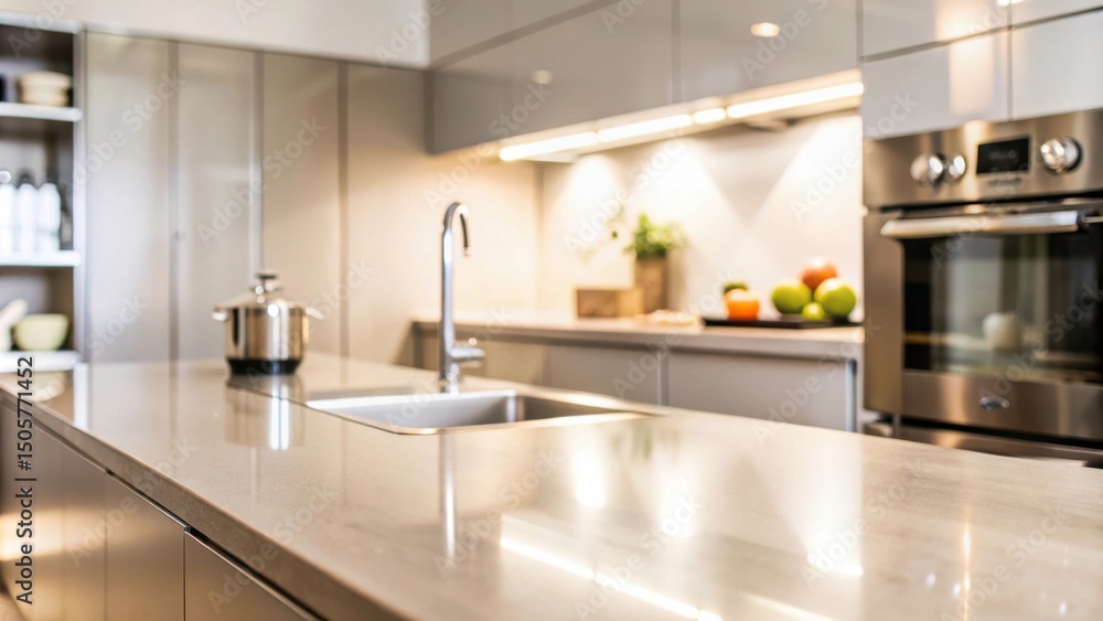 Poster a close-up of a sleek and modern kitchen countertop with a stainless steel sink, showcasing a minima