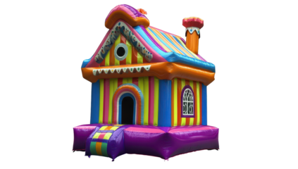 A colorful inflatable house play structure with a striped exterior, whimsical roofline, and small entrance
