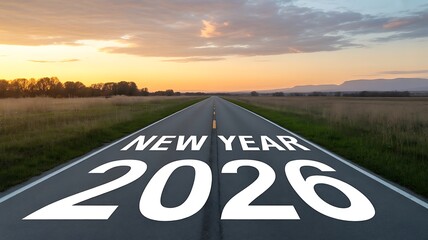 A road stretches into the distance with new year written on the asphalt surface