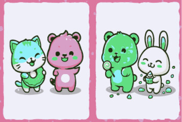 Cute Cartoon Animals Enjoying Sweet Treats in Playful Illustration