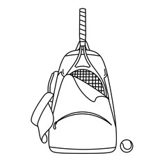 Vector line art illustration of tennis equipment including bag with racket, cap hanging on the side, and tennis balls