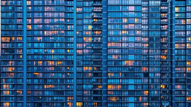 Cityscape transformation: captivating highrise windows glow at dusk