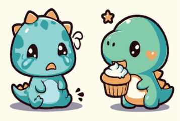 Cute Cartoon Dinosaurs with Cupcake and Expressions in Vector Illustration