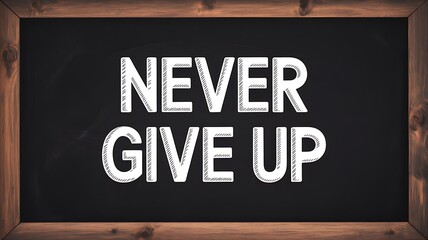 The words never give up written in white on a chalkboard with a wooden frame around it