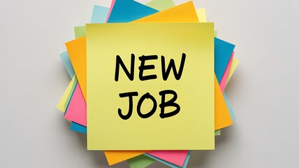 A stack of colorful sticky notes with a yellow one on top that says new job written on it
