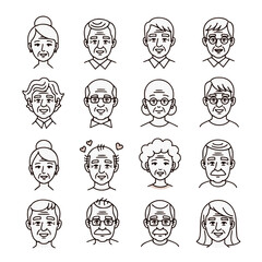 Senior citizens faces line art icons, for website design