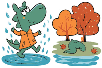 Playful Cartoon Dragon Enjoying Rainy Day with Autumn Trees