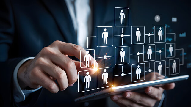 Professional Business Visualization of a Digital Human Resource Network on a Tablet Screen – Concept of Organizational Hierarchy, Teamwork, and Human Resource Management