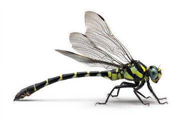 Close-up of a dragonfly with intricate wing details against a white background.