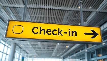 Illuminated check-in sign with a directional arrow hangs in a modern airport terminal