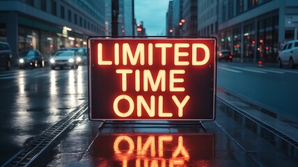 A neon sign reading limited time only on a wet city street at night with cars passing