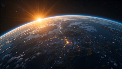 Fototapeta premium Stunning space perspective of Earth at dawn, showcasing South America’s vast forests, glowing urban centers, and the promise of sustainable eco-tourism.