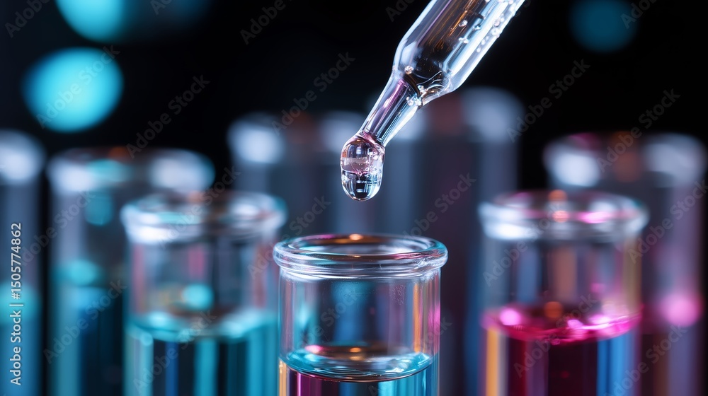 Poster colorful liquids in test tubes with a dropper adding solution during an experiment in a laboratory a