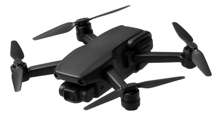 A modern quadcopter drone with four propellers and a sleek black design on transparent background.