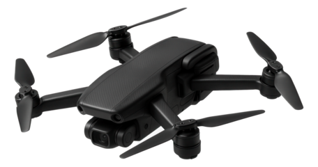 A modern quadcopter drone with four propellers and a sleek black design on transparent background.