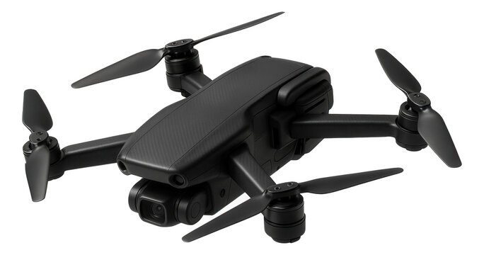 A modern quadcopter drone with four propellers and a sleek black design on transparent background. - Powered by Adobe