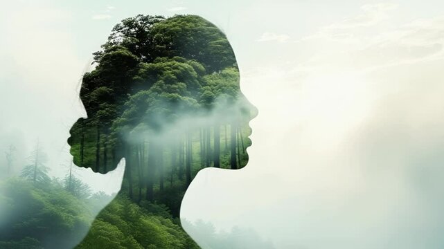 Double exposure of woman silhouette profile mixed with nature, mental health concept, meditation and tranquility, natural cosmetics. harmony, purity nature, silhouette profile of girl in green forest