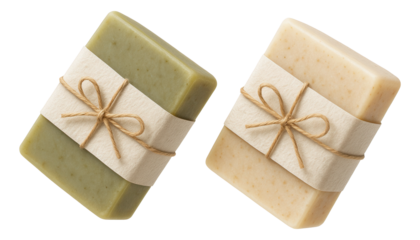 Two rectangular bars of handmade soap, one green and one beige, wrapped with paper and tied with twine bows on transparent background.
