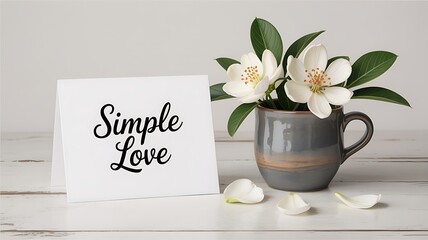 A card with simple love text and flowers in a cup on a white wooden surface top view