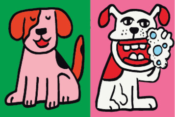 Colorful Vector Illustration of Playful Cartoon Dogs in Two Styles