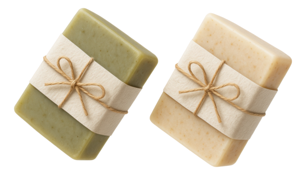 Two rectangular bars of handmade soap, one green and one beige, wrapped with paper and tied with twine bows on transparent background.