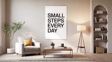 A living room with a chair, a tree, a coffee table, and a motivational poster on the wall